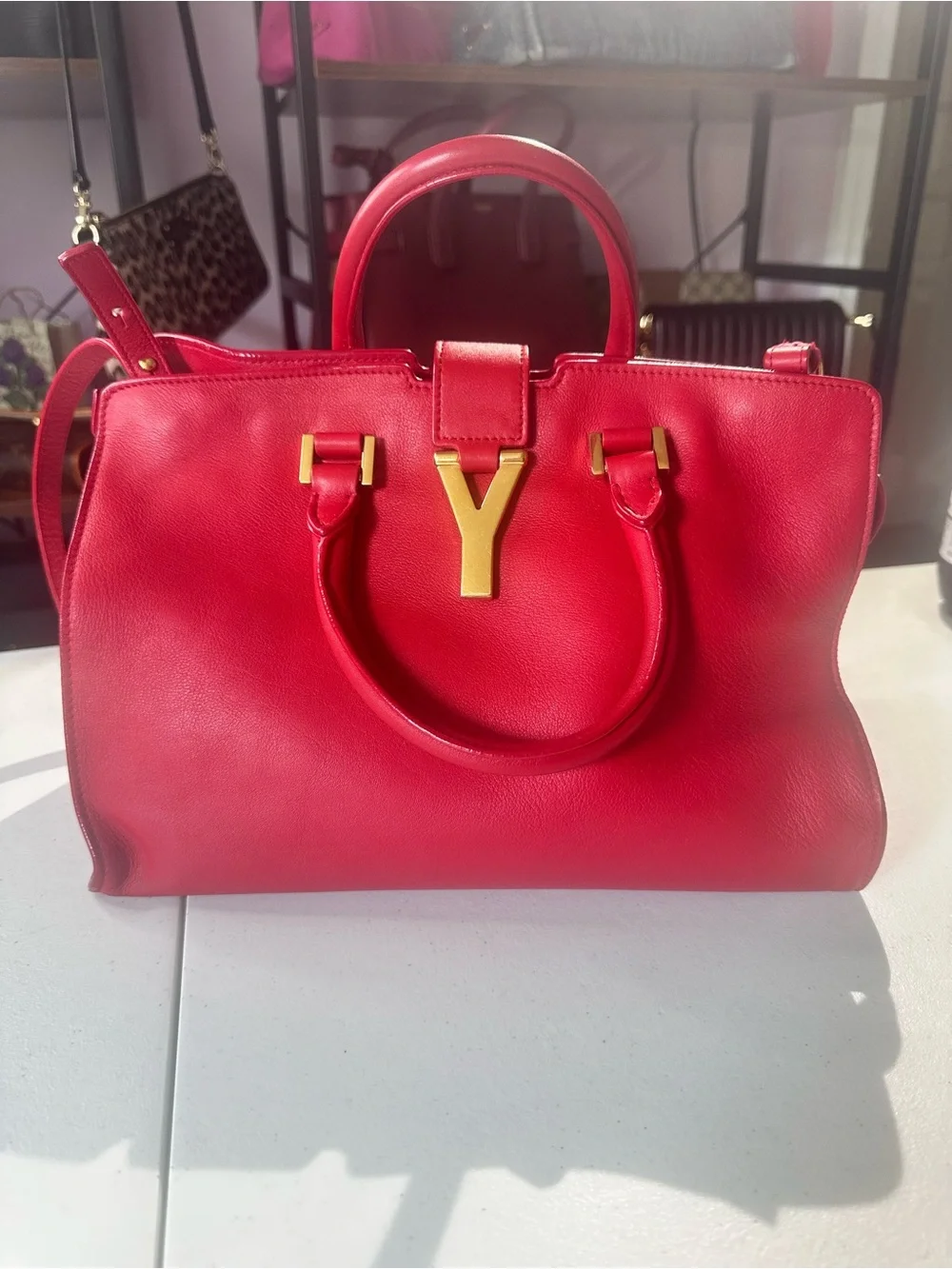 Saint Laurent Red Leather Cabas Y Medium Tote with Gold-Tone Hardware - Picture 1 of 15